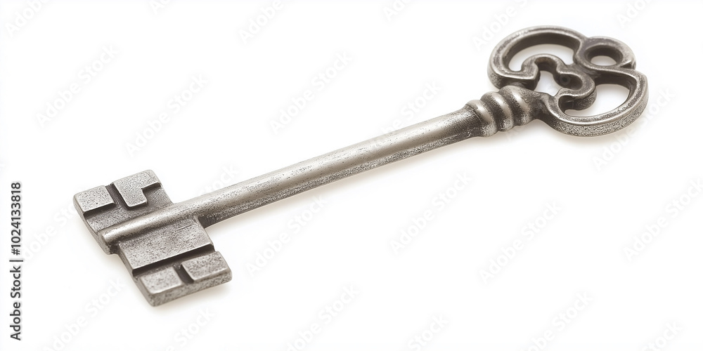 Old worn antique key is lying on white background Old worn antique key is lying on white background