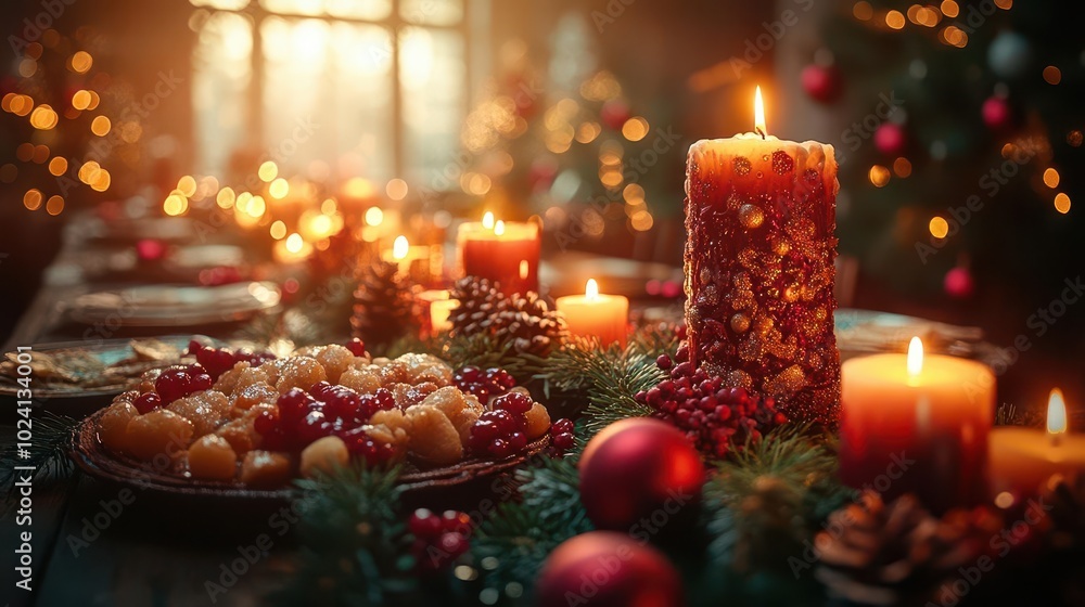 festive christmas dinner setting with a beautifully arranged table adorned with candles holiday decorations and a sumptuous feast radiating warmth and celebration festive christmas dinner setting with a beautifully arranged table adorned with candles holiday decorations and a sumptuous feast radiating warmth and celebration