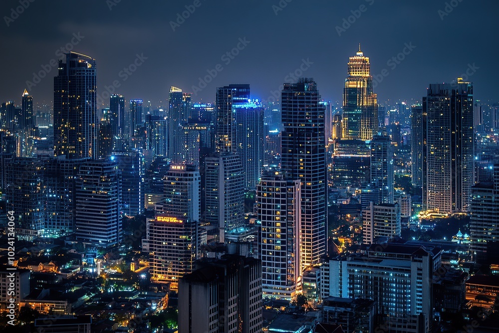 View of the Bangkok cityscape from a rooftop, with high-rise buildings at night View of the Bangkok cityscape from a rooftop, with high-rise buildings at night