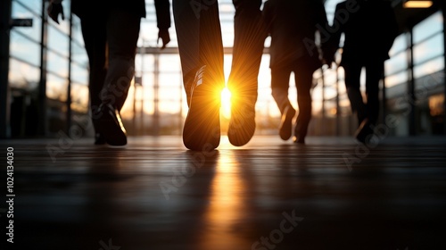 Silhouettes of Business People Walking Towards Sunset in Office Lobby