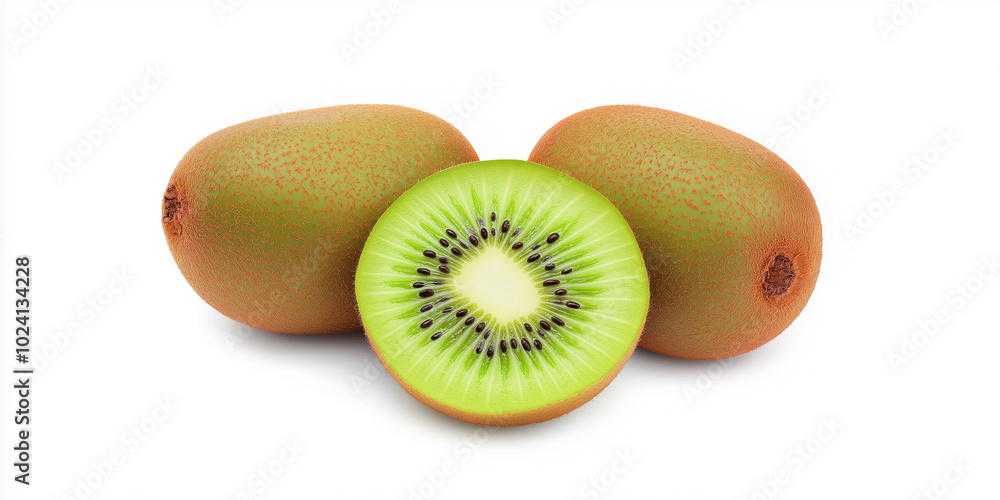 Fototapeta premium Three ripe kiwi fruits with half on white background