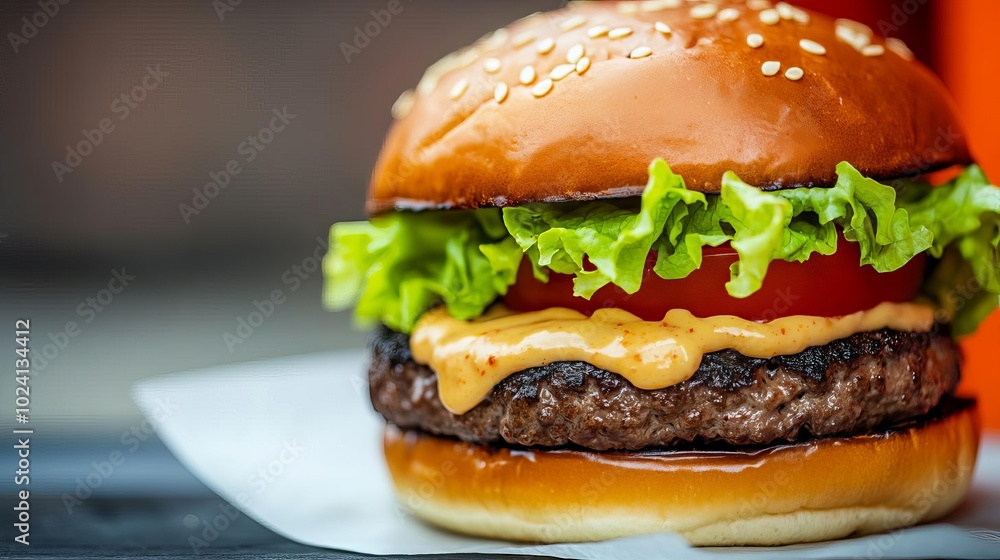 Close-up of a beef burger with lettuce, tomato, and special sauce, food truck background, vibrant colors Close-up of a beef burger with lettuce, tomato, and special sauce, food truck background, vibrant colors