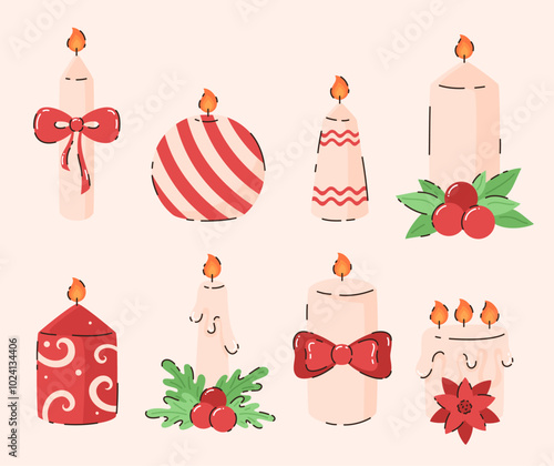 Set of different Christmas candles with decorations. Flat vector illustration.