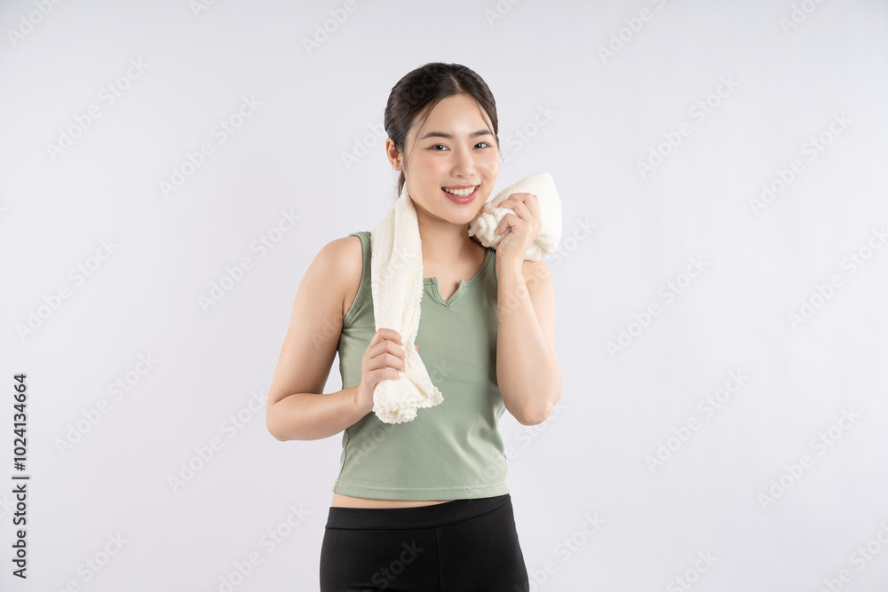 Image of young Asian girl wearing sportswear posing on white background
Image of young Asian girl wearing sportswear posing on white background