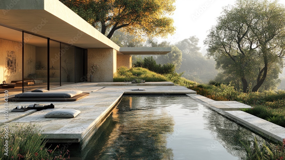 Modern home with a serene pool and lush surroundings. Modern home with a serene pool and lush surroundings.
