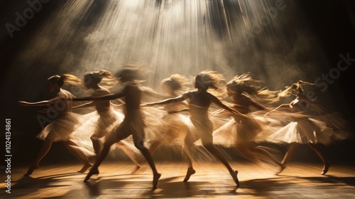 Ballet Dancers Performing on Stage with Blurry Motion and Light Rays