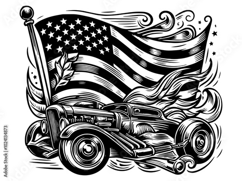 Vintage car with American flag and flames in a bold graphic style. Vector, generative ai.