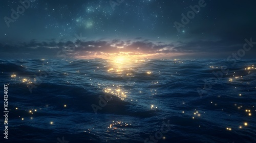 A Nighttime View of the Ocean with Stars Reflected on the Water