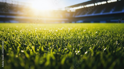 Sunlit Soccer Field with Fresh Green Grass in an Empty Stadium. Sports Venue Concept