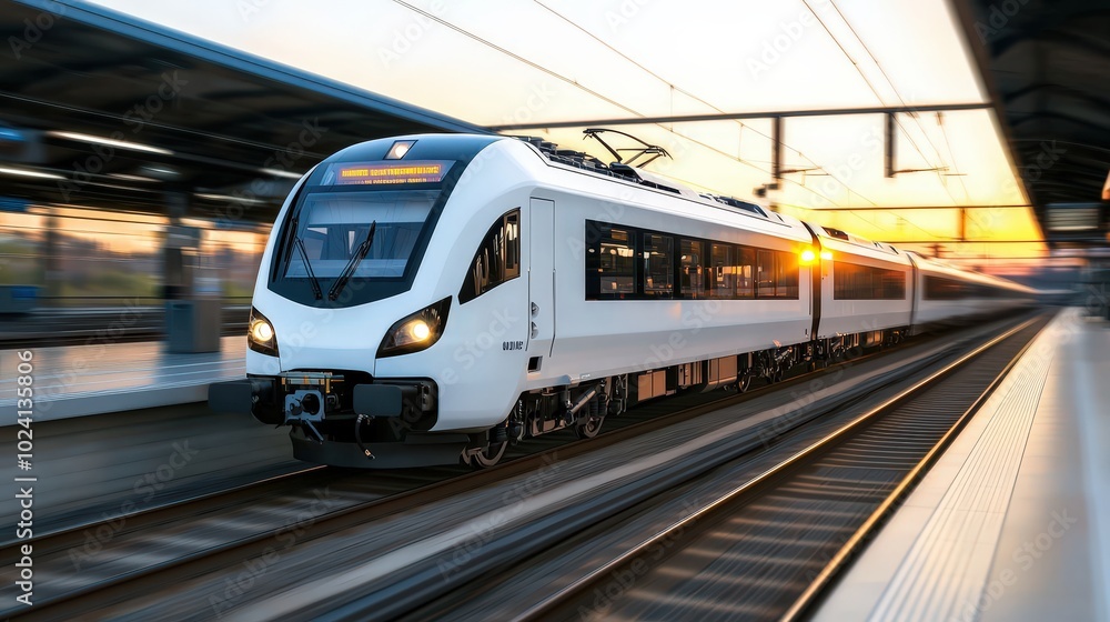 Modern Train Departing Station at Sunset   Travel  Transportation  Urban Life