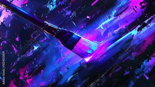 A glowing paintbrush surrounded by neon purple and blue cyber lights, painting a futuristic masterpiece on a digital canvas photo