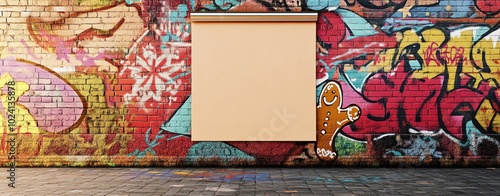 A Christmas street art background featuring a large blank notepad hanging on a graffiticovered wall photo