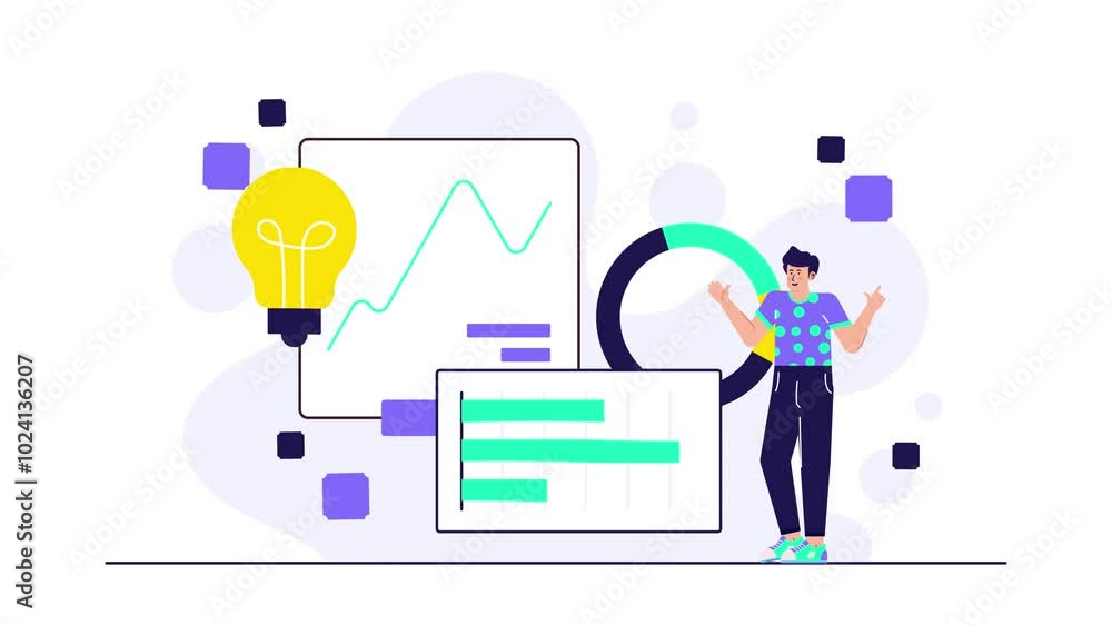 illustration of a business concept with charts graphs and a lightbulb animated video illustration of a business concept with charts graphs and a lightbulb animated video