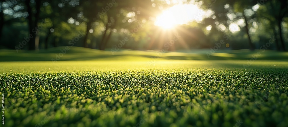 Beautiful green grass on the golf course, sunlight shining through the trees Beautiful green grass on the golf course, sunlight shining through the trees