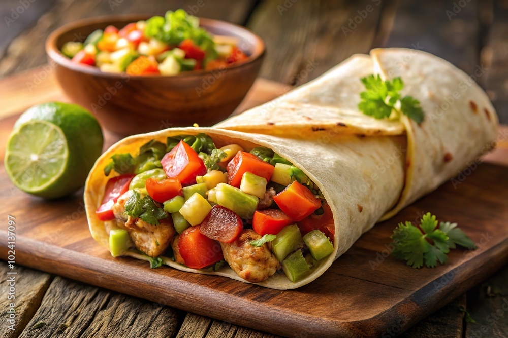 Loaded chicken burrito with salsa and guacamole on side Loaded chicken burrito with salsa and guacamole on side