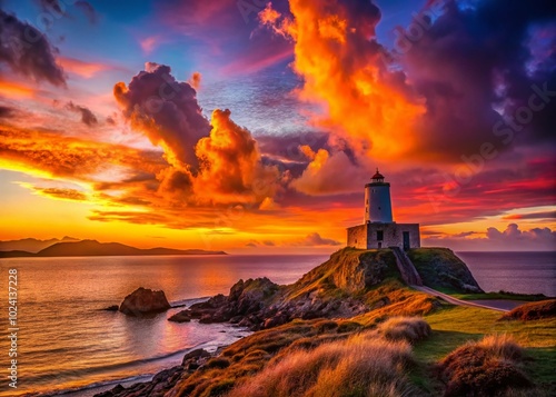 Panoramic Silhouette of Twr Mawr Lighthouse at Sunset in Wales, UK photo