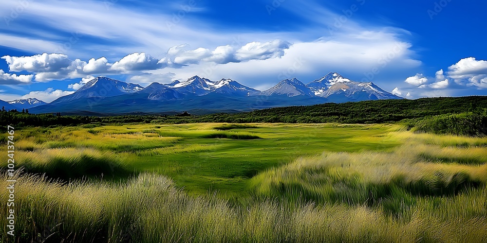 Obraz premium Majestic Mountain Range with Green Grass Field and Blue Sky