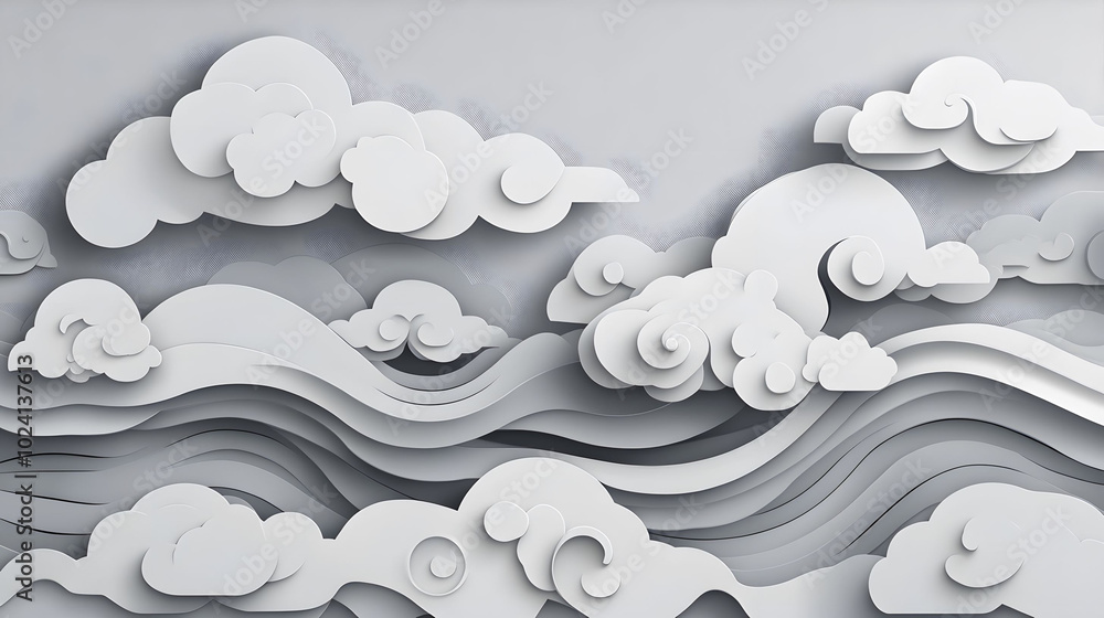 Japanese clouds and waves design, intricate paper cut style, subtle grey tones, harmonious blend of traditional and modern aesthetics Japanese clouds and waves design, intricate paper cut style, subtle grey tones, harmonious blend of traditional and modern aesthetics