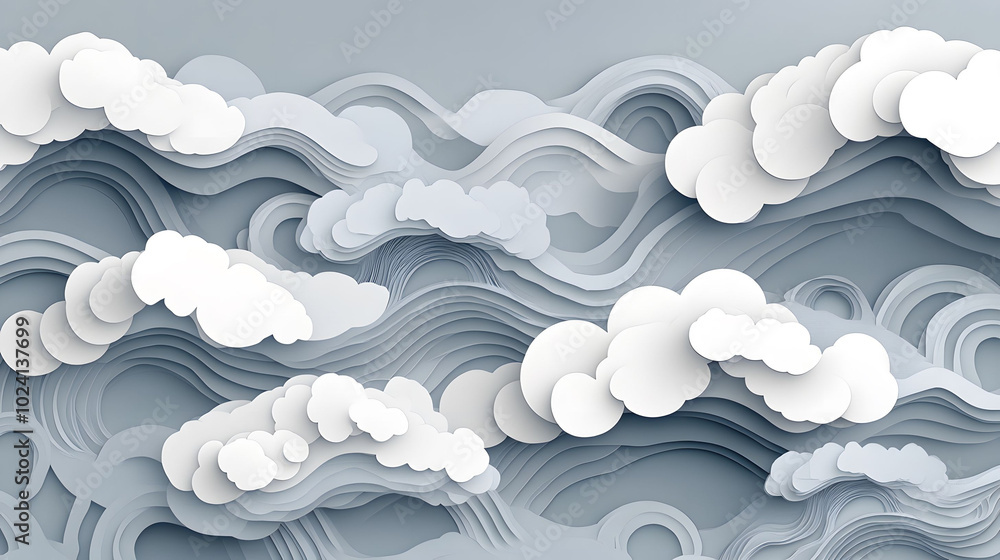 Japanese paper cut design featuring 3D clouds and waves in a serene grey color palette, ideal for decorative or artistic applications. Japanese paper cut design featuring 3D clouds and waves in a serene grey color palette, ideal for decorative or artistic applications.