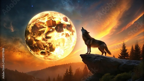 Lone wolf howling at fiery full moon in majestic wilderness panorama