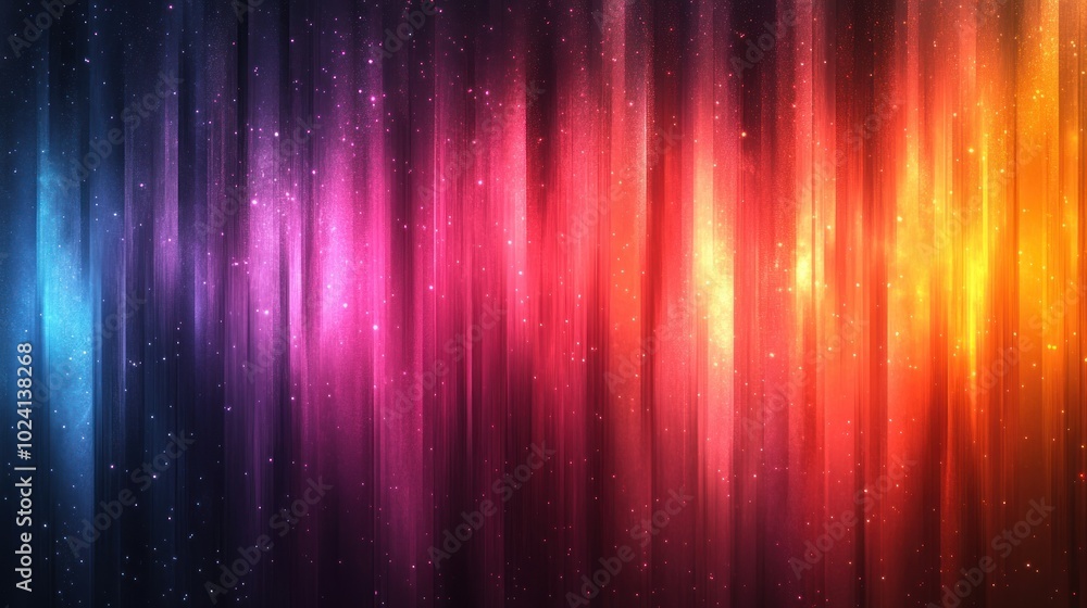 Abstract background with vertical stripes of red, orange, yellow, pink, blue and purple with white sparkling dust overlay.