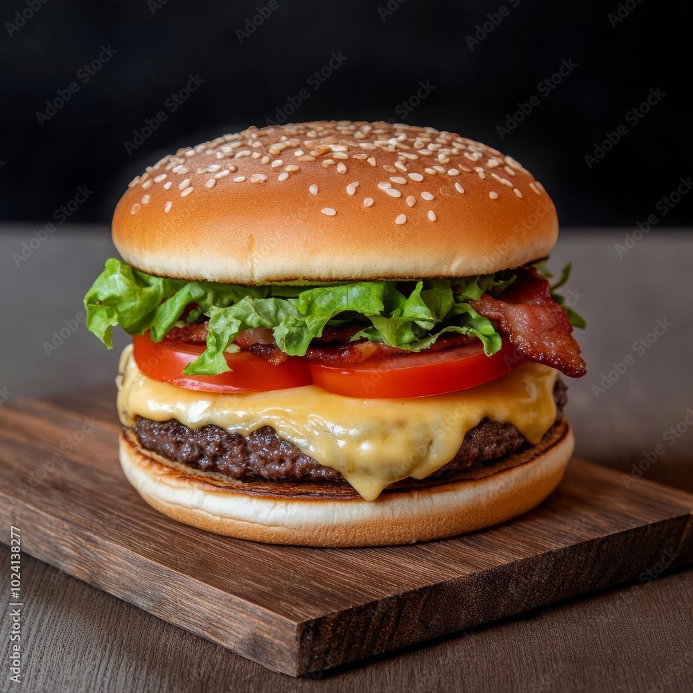 Gourmet double cheeseburger with bacon, lettuce, and tomato, served on a wooden board, night market Gourmet double cheeseburger with bacon, lettuce, and tomato, served on a wooden board, night market