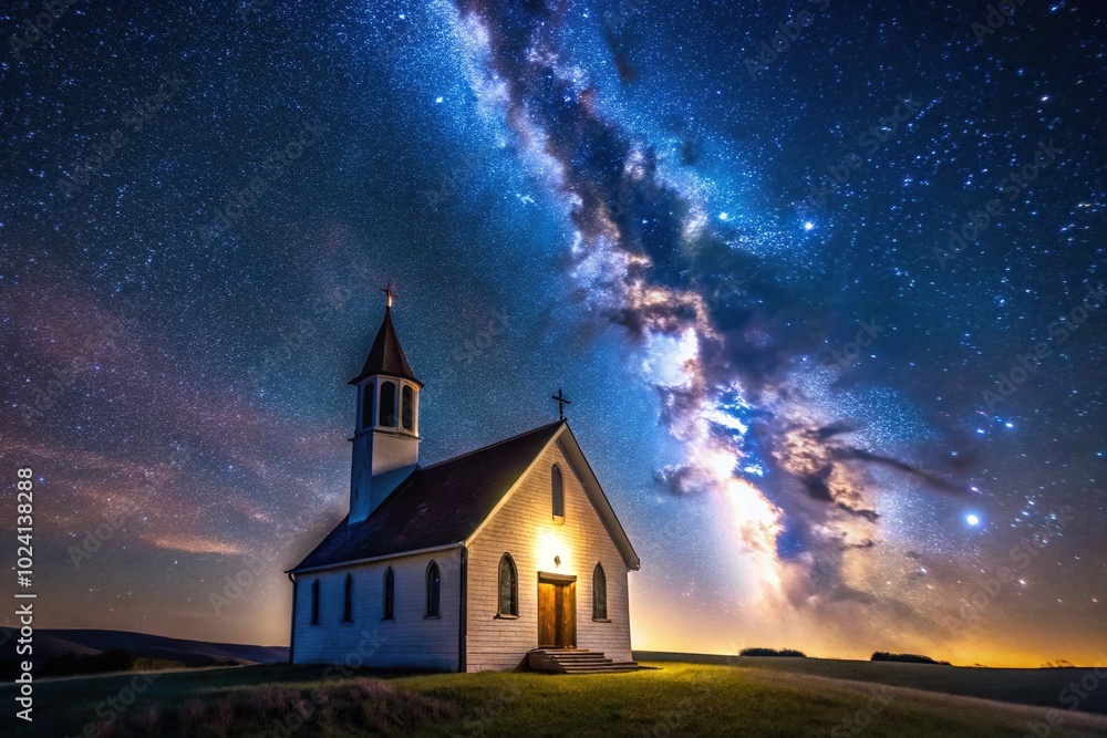 Lonely church illuminated under the starry sky Lonely church illuminated under the starry sky