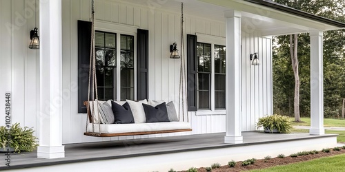 Cozy outdoor space with a stylish porch swing for relaxation.