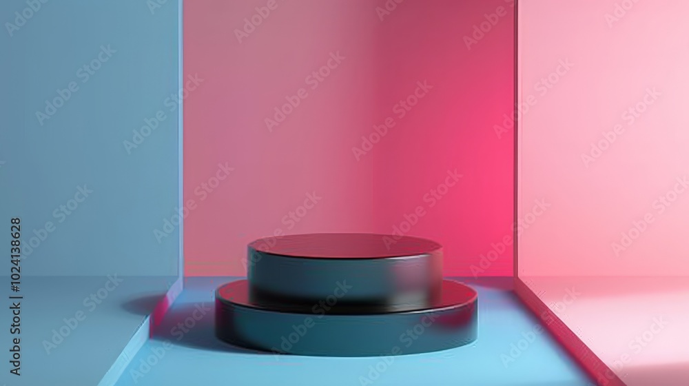 Black Cylindrical Pedestal with Blue and Pink Walls Black Cylindrical Pedestal with Blue and Pink Walls