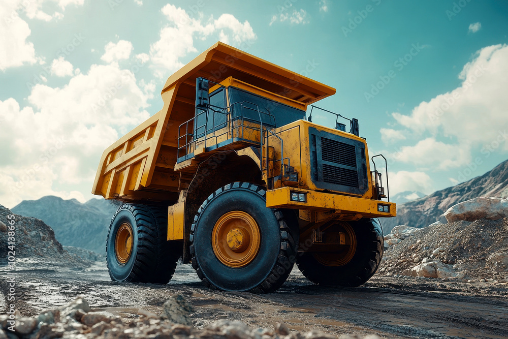Big Yellow Mining Truck in Anthracite Coal Open Pit Mine Industry. Generative AI Big Yellow Mining Truck in Anthracite Coal Open Pit Mine Industry. Generative AI