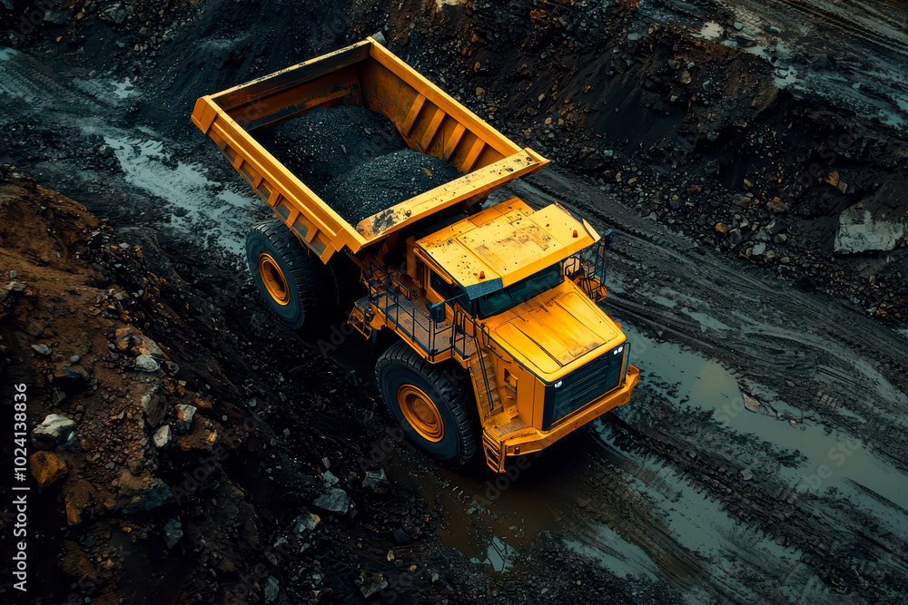 Big Yellow Mining Truck in Anthracite Coal Open Pit Mine Industry. Generative AI Big Yellow Mining Truck in Anthracite Coal Open Pit Mine Industry. Generative AI