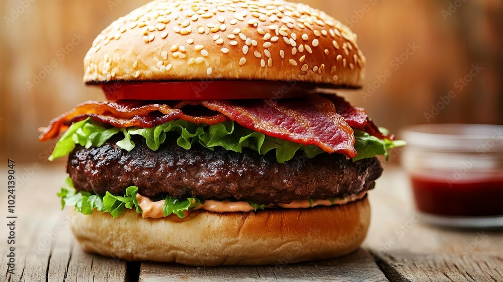 Juicy beef burger with sesame seed bun, crispy bacon, lettuce, and tomato, rustic wooden table Juicy beef burger with sesame seed bun, crispy bacon, lettuce, and tomato, rustic wooden table