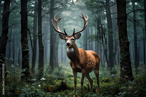 Majestic Deer in Foggy Forest: Solitary Buck Standing Proud in a Misty Woodland