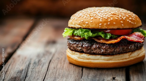 Juicy beef burger with sesame seed bun, crispy bacon, lettuce, and tomato, rustic wooden table