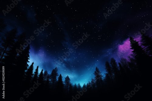 a silhouette of forest pine trees at the stars in the night sky with aurora.