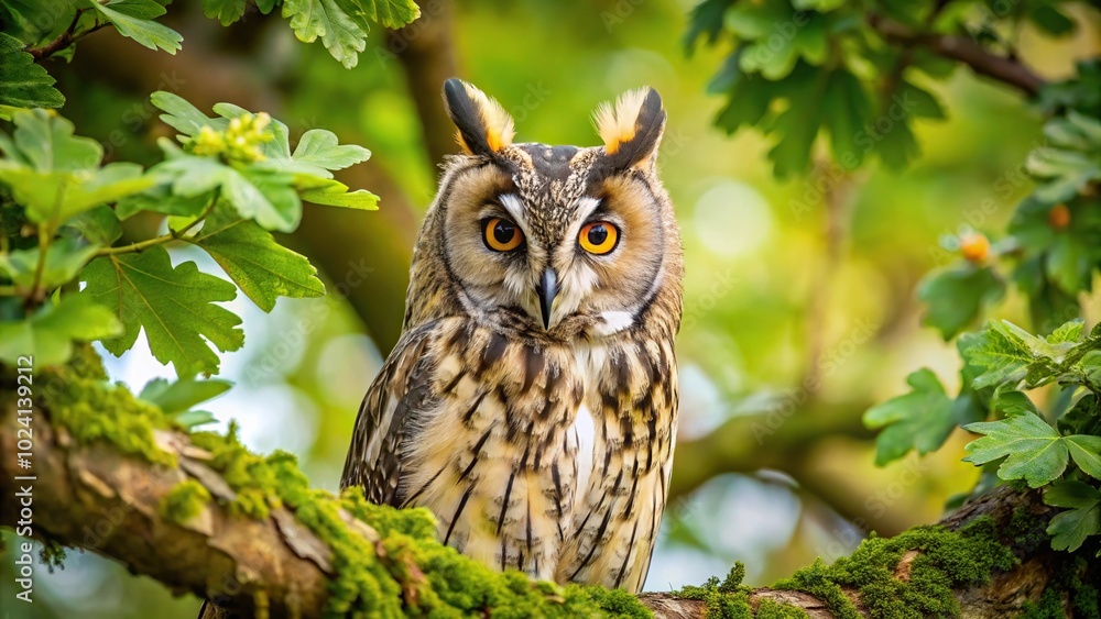 Long eared owl sitting in oak tree looking around Long eared owl sitting in oak tree looking around