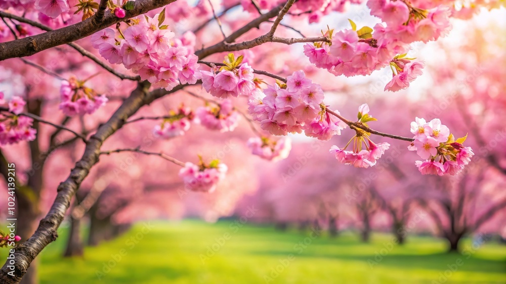 Long distance view of pink cherry blossom tree in spring with blurred background Long distance view of pink cherry blossom tree in spring with blurred background