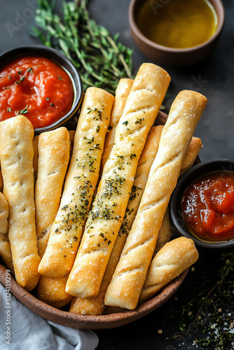 Delicious breadsticks with sauces. photo