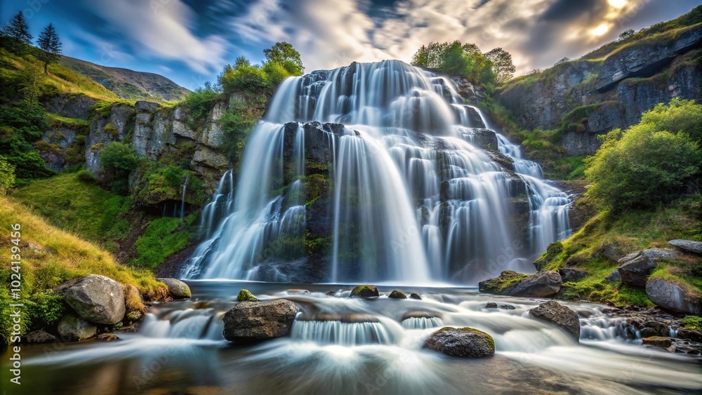 Fototapeta premium Long exposure of a large waterfall in the mountains