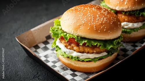 Juicy chicken burger with lettuce, mayo, and tomato, close-up, urban background, vibrant colors