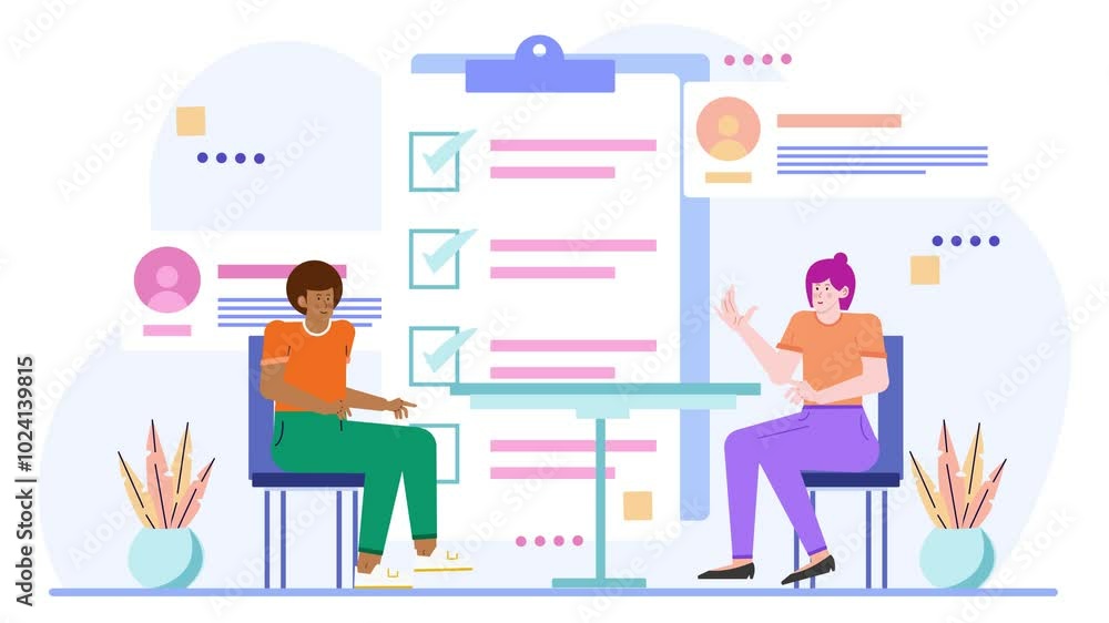 people discussing over a table with checklist documents illustration animated video people discussing over a table with checklist documents illustration animated video