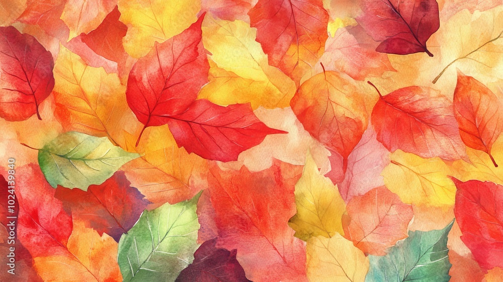 A painting of autumn leaves with a variety of colors A painting of autumn leaves with a variety of colors