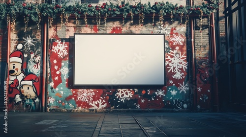 A Christmasthemed blank canvas hanging on a graffiticovered city wall photo