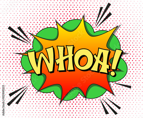 Comic lettering whoa. Vector bright cartoon illustration in retro pop art style. Comic text sound effects. EPS 10.	