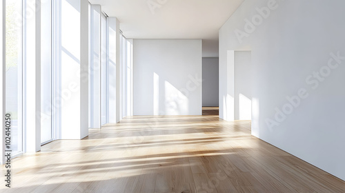 Wallpaper Mural Contemporary Minimalist Interior, bright white walls, smooth wooden flooring, abundant natural light illuminating the space Torontodigital.ca