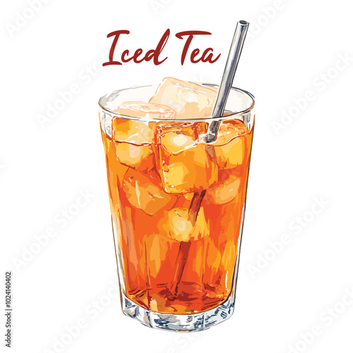 iced tea in watercolor illustration style, isolated vector on white background