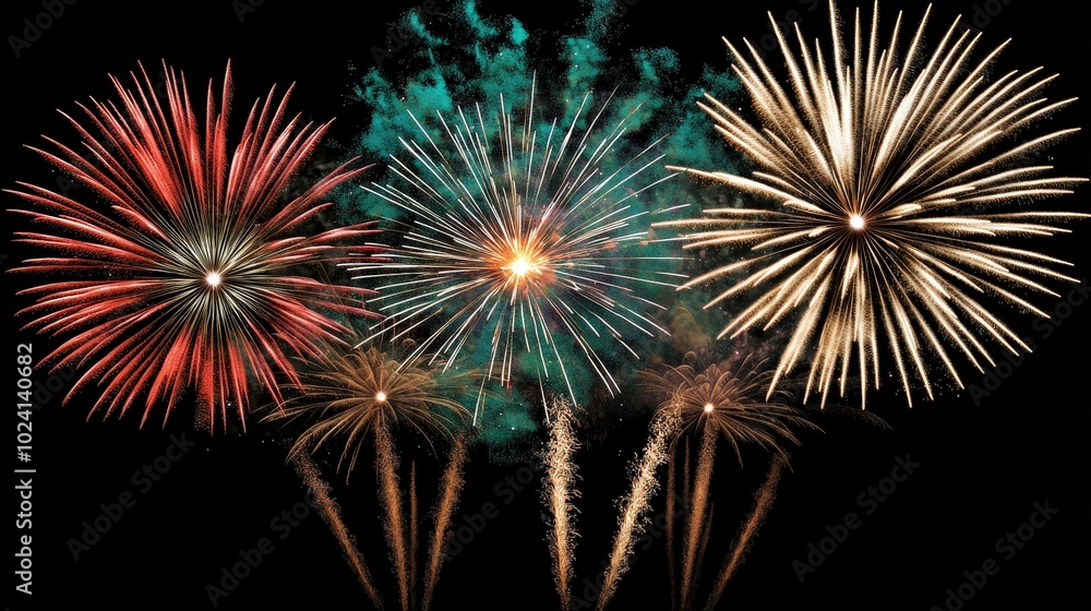 Fototapeta premium Colorful Fireworks Display Against Black Night Sky Celebration Holiday New Year Party