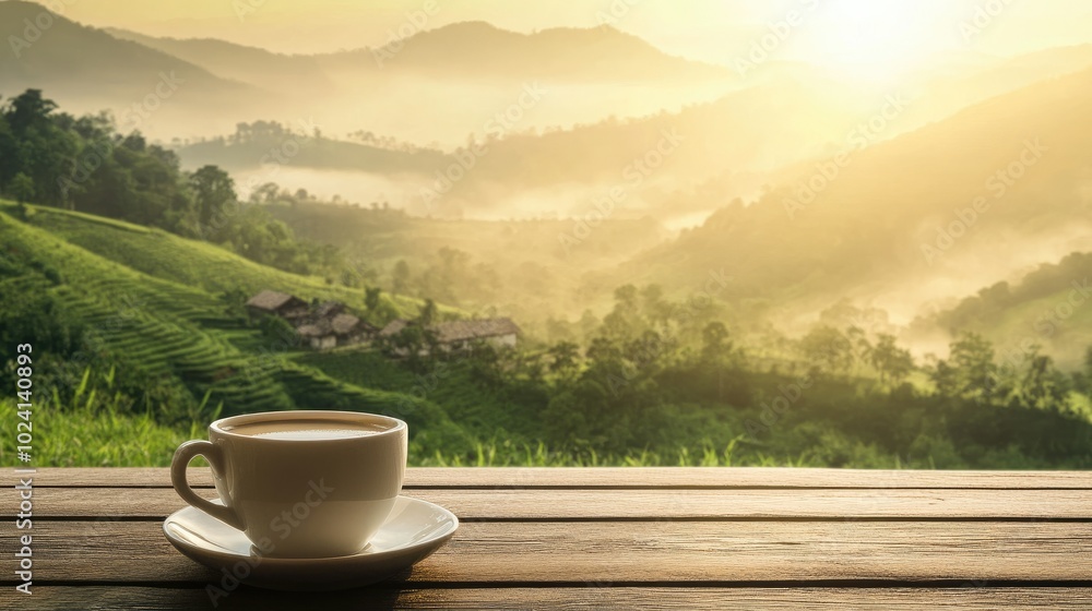 White coffee cup on a wooden table overlooking a misty mountain landscape White coffee cup on a wooden table overlooking a misty mountain landscape
