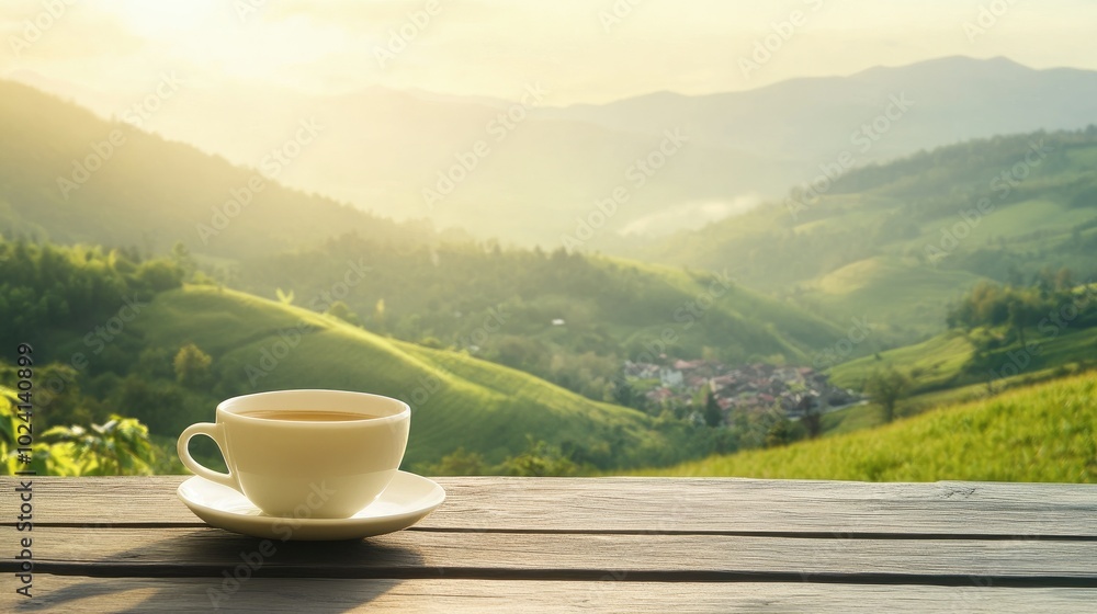 White coffee cup on a wooden table overlooking a misty mountain landscape White coffee cup on a wooden table overlooking a misty mountain landscape