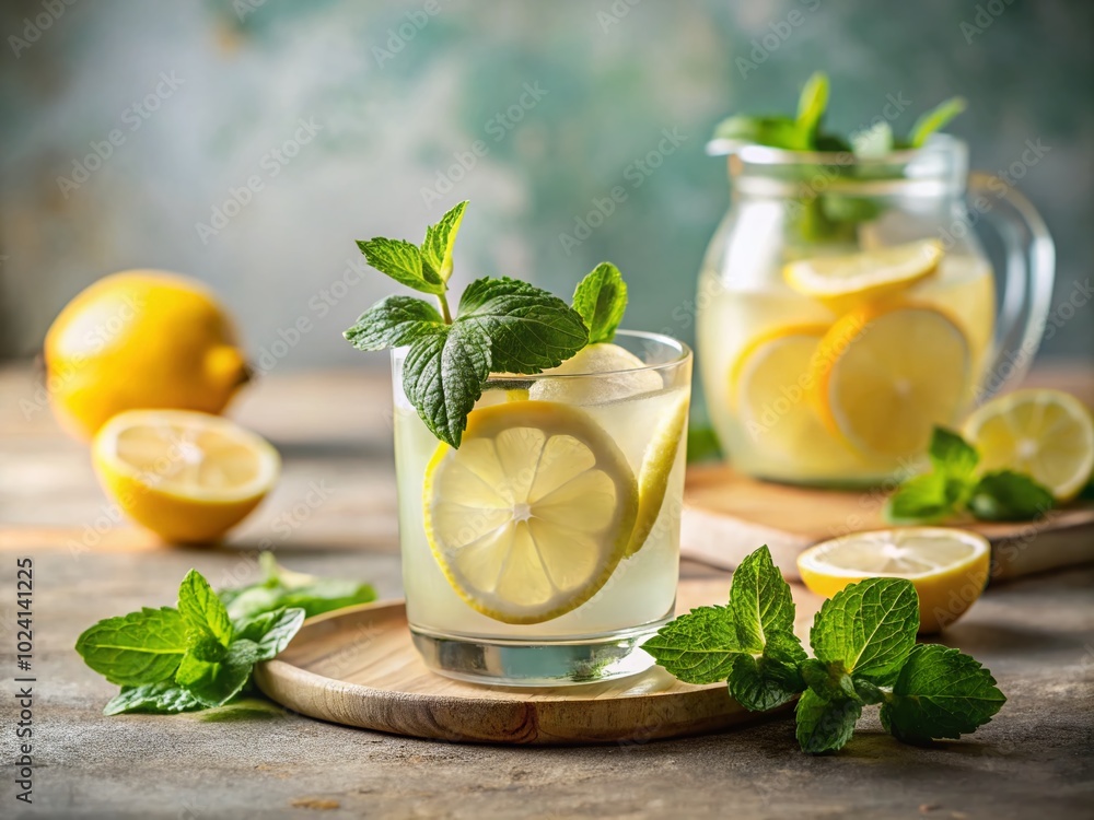 Refreshing Lemonade with Mint Leaves and Lemon Slices - A Minimalist Delight for Summer Sips Refreshing Lemonade with Mint Leaves and Lemon Slices - A Minimalist Delight for Summer Sips
